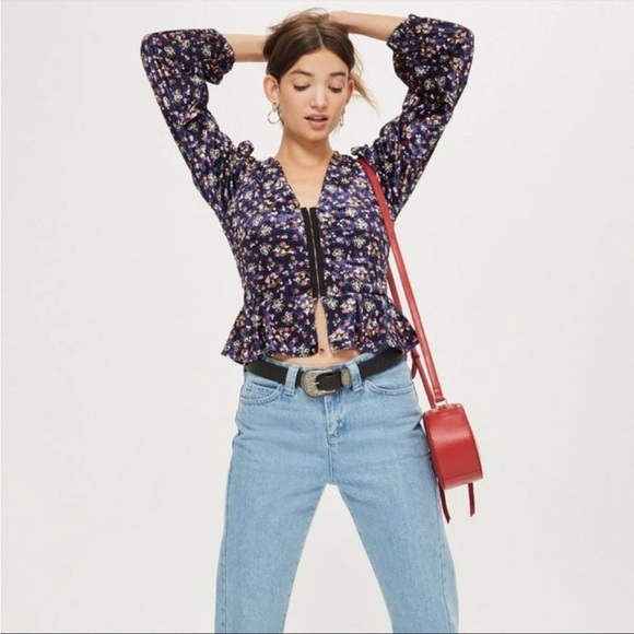 Topshop Long Sleeve Velvet Floral Corset Peplum Top size‎ 4 - Picture 1 of 7